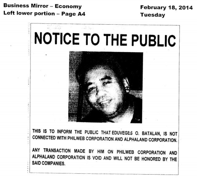 Copy of advertisement by PhilWeb Corporation as published in the Business Mirror provided by Bobby Ongpin's legal counsel