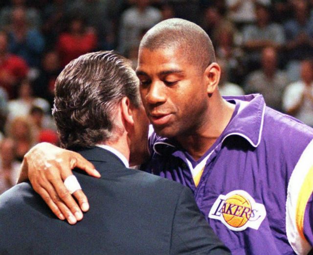 PARTNERSHIP. Magic Johnson (R) and coach Pat Riley (L) won their final title together in 1988. Photo by RHONA WISE / AFP 