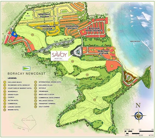 MAP OF THE TOWNSHIP. Savoy Hotel is also part of the 150-hectare Boracay Newcoast township, which is seen to allot 60 hectares to commercial and residential spaces, while the remaining 90 will be for green and open spaces. Photo from Boracay Newcoast map  