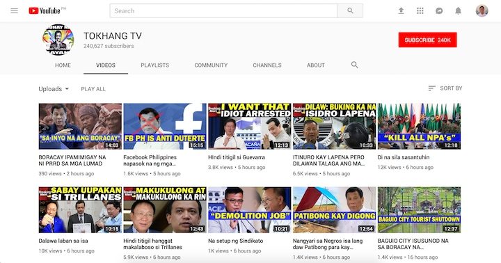 Screenshot of YouTube channel Tokhang TV 