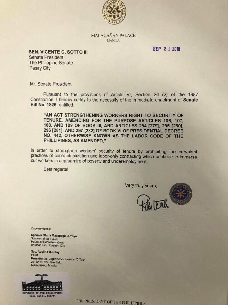 URGENT. President Rodrigo Duterte certifies Security of Tenure bill as urgent. Photo courtesy of Sentro 