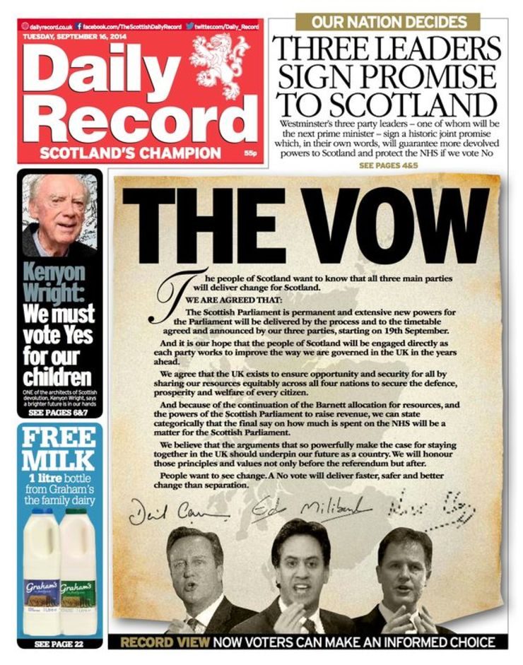 Front page of the Daily Record, 16 September 2014