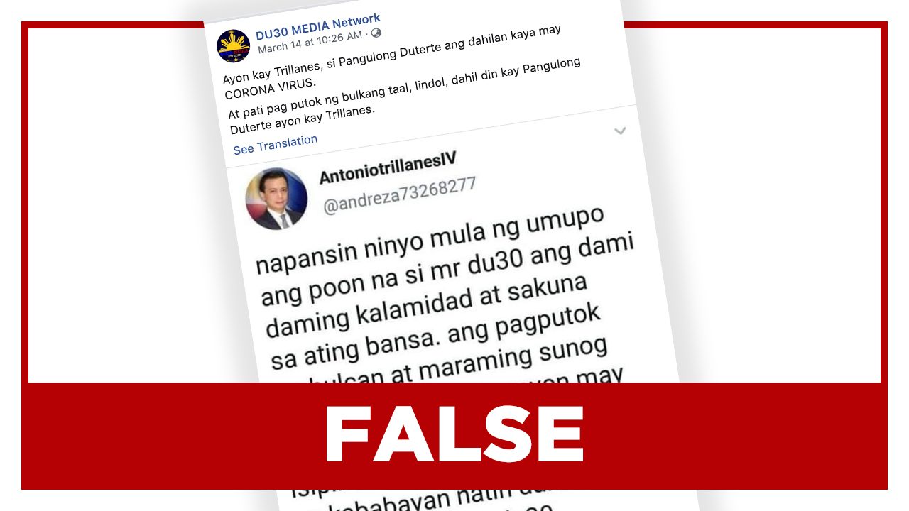 FALSE: ‘Antonio Trillanes IV’ tweet blames Duterte for coronavirus