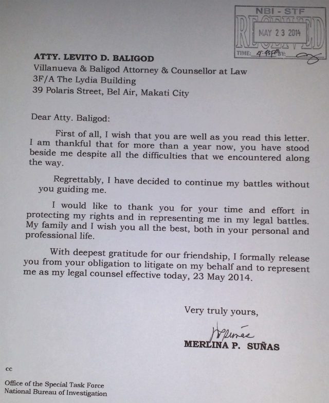 A photo of state witness Merlina Suñas' letter to lawyer Levito Baligod as copy-furnished to the National Bureau of Investigation