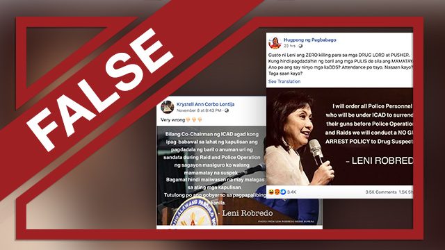 FALSE: Robredo bans police from carrying firearms during anti-drug ops