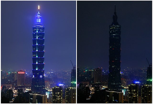 TAIPEI 101. A composite photo of two images with lights on (top) and off (below) showing the Taipei 101 skyscraper marking the Earth Hour 2016, in Taipei, Taiwan, 19 March 2016. Ritchie B. Tongo/EPA 