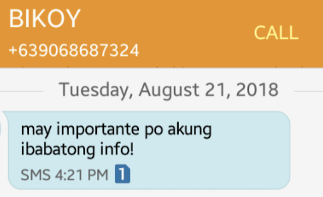 'IMPORTANT INFORMATION.' Bikoy texts a supposed priest in August 2018 for the Ang Totoong Narco List videos. Photo from Trillanes' office  