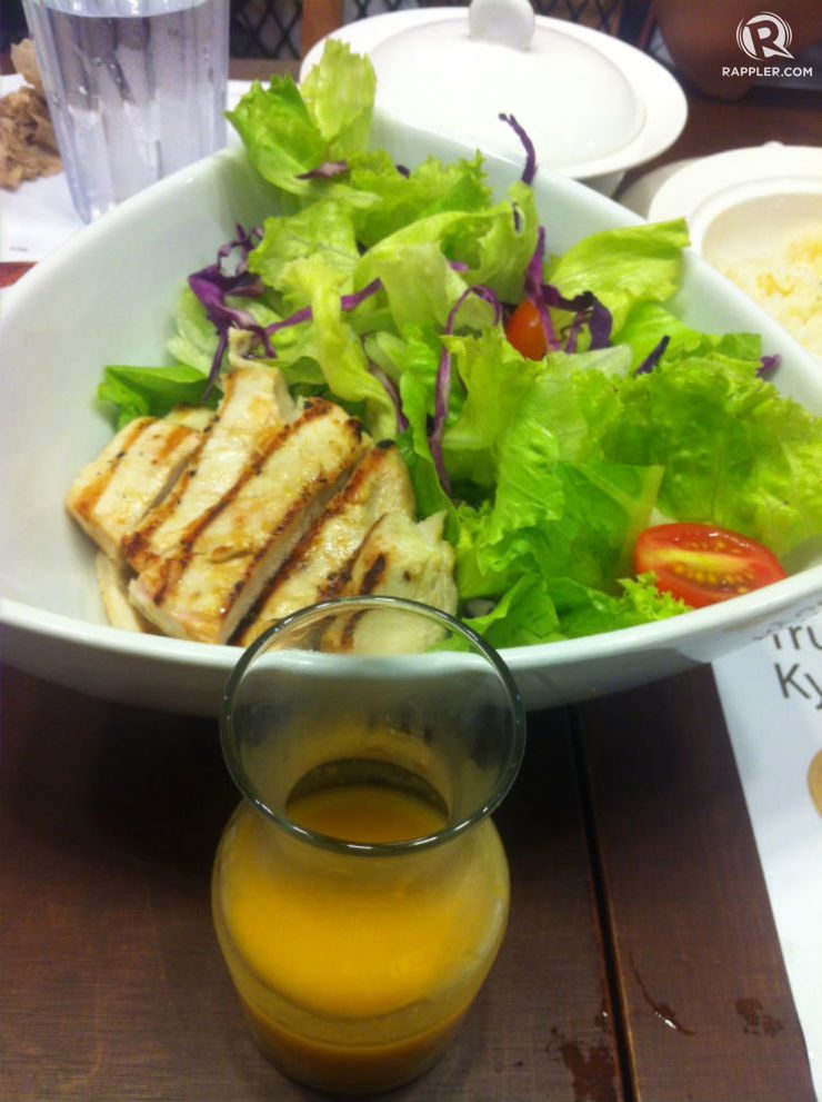 ON A DIET? No problem. Kyochon also serves salads with grilled chicken. Dressing choices are orange and blueberry