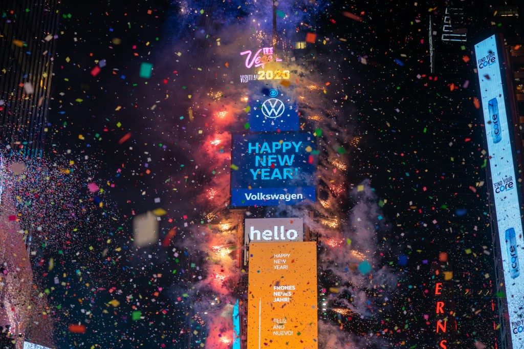 BALL DROP. Revelers at Times Square during the New Year's celebration on January 1, 2020 in New York City.  