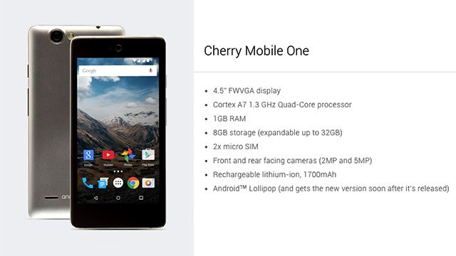 CHERRY MOBILE ONE. Screen shots from Android One website  