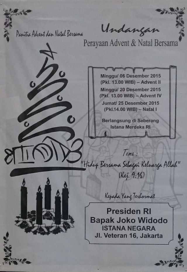 UNDANGAN UNTUK PRESIDEN. Jemaat GKI Yasmin dan HKBP Filadelfia turut mengundang Jokowi untuk menghadiri perayaan Natal di depan Istana Negara pada Jumat, 25 Desember mendatang. Foto oleh Sakinah Ummu Haniy/Rappler 