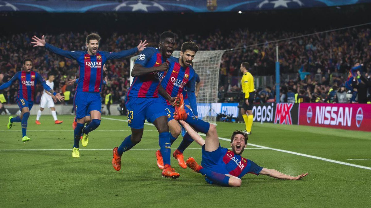 Para pemain Barcelona merayakan kemenangan mereka atas PSG, Kamis (9/3). Foto diambil dari @FCBarcelona/Twitter 
