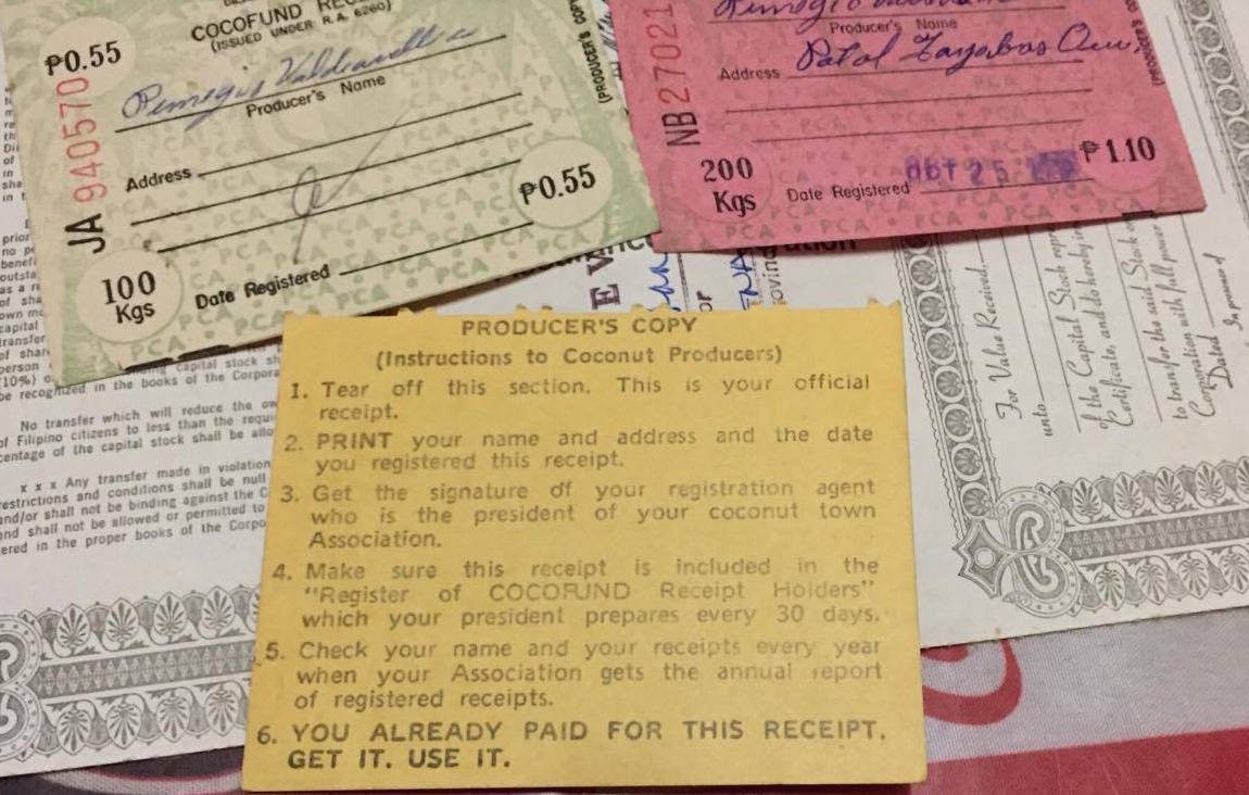 COCO RECEIPTS. Sample of 'receipts' given to coconut farmers as proof the government already deducted taxes from their sales. Photo by Camille Elemia/Rappler 