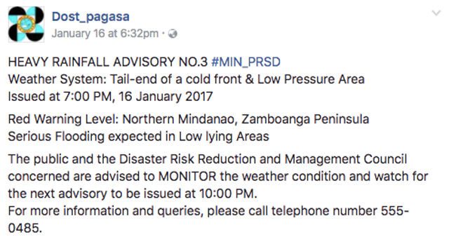 HEAVY RAINFALL ADVISORY. A screenshot of Pagasa's warning on Facebook from January 16, 2017. 