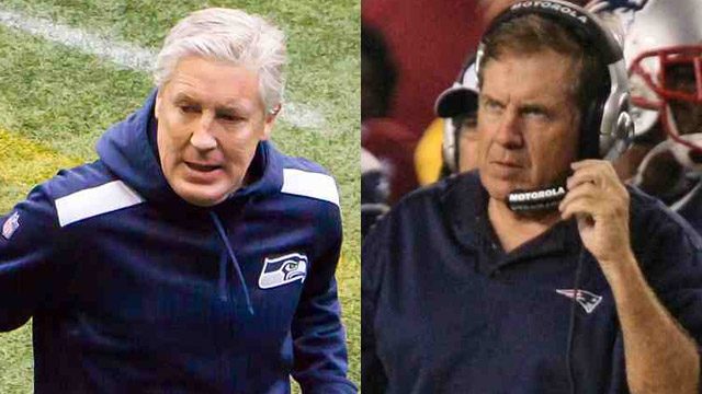 Pete Carroll (L) coaches the Seattle Seahawks while Bill Belichick (R) leads the Patriots. Photos from WikiCommons <span class="attribution"></span>
