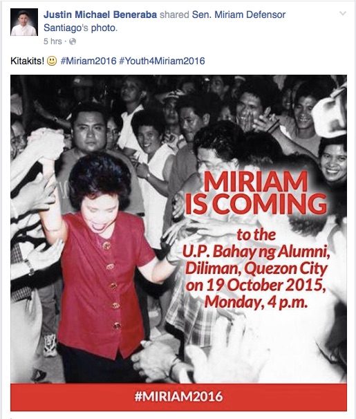 RELAWAN.  Pada hari Senin, 19 Oktober, seorang sukarelawan dan pemilih pemula sangat antusias untuk bertemu langsung dengan Senator Miriam Santiago untuk pertama kalinya.  Tangkapan layar dari halaman Facebook Justin Michael Beneraba 