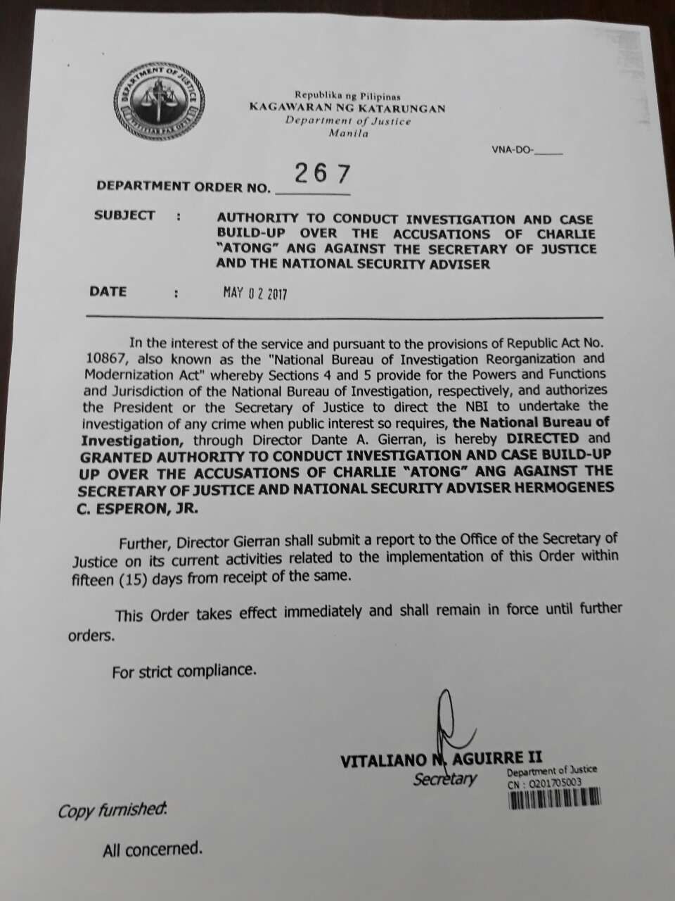 ORDER. Justice Secretary Vitaliano Aguirre's order to the NBI to investigate him and National Security Adviser Hermogenes Esperon. 