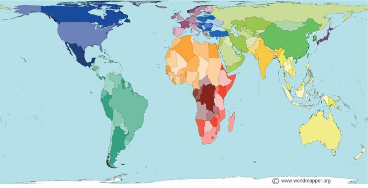 This world map shows the true relative sizes of countries— note how it compares with the more familiar Mercator map. Image taken from worldmapper.org. © Copyright Sasi Group (University of Sheffield) and Mark Newman (University of Michigan).
