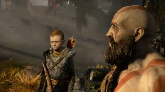 KRATOS AND SON. The two go on a hunt. Screen shot from Twitch stream. 