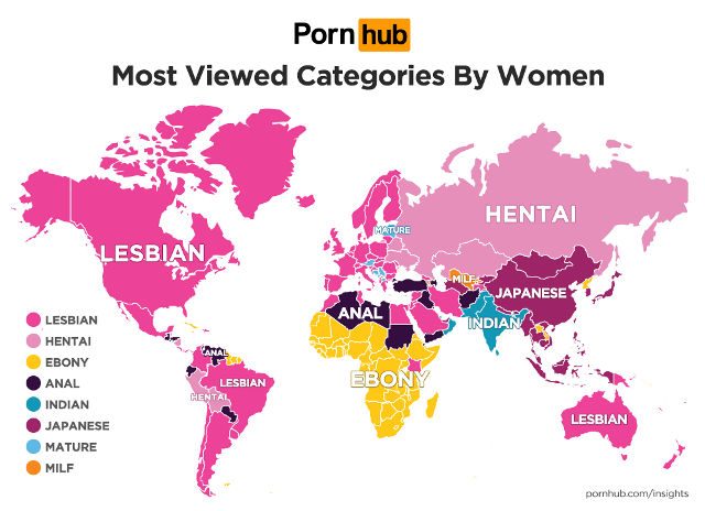 VIEWED BY WOMEN. This infographic denotes the most viewed catgeories by women in specific countries and regions. Image from Pornhub. 
