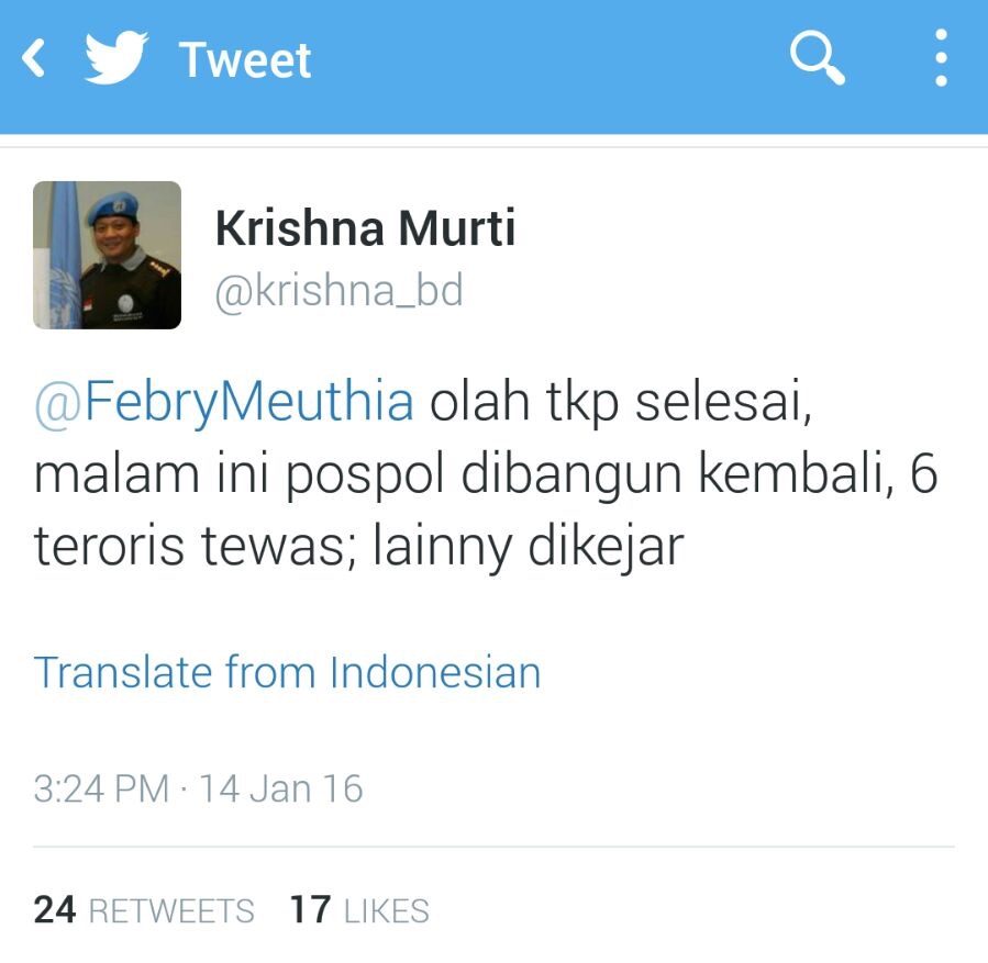 6 TERRORISTS? A tweet by a Jakarta Metropolitan Police director says 6 terrorists died. Screenshot from @krishna_bd 