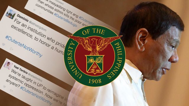 ‪#‎DuterteNotWorthy‬: UP students, alumni protest honorary degree for Duterte