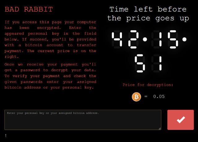 COUNTDOWN TIMER. The BadRabbit ransomware countdown timer. Screenshot from Group-IB brief on BadRabbit at https://www.group-ib.com/blog/badrabbit 