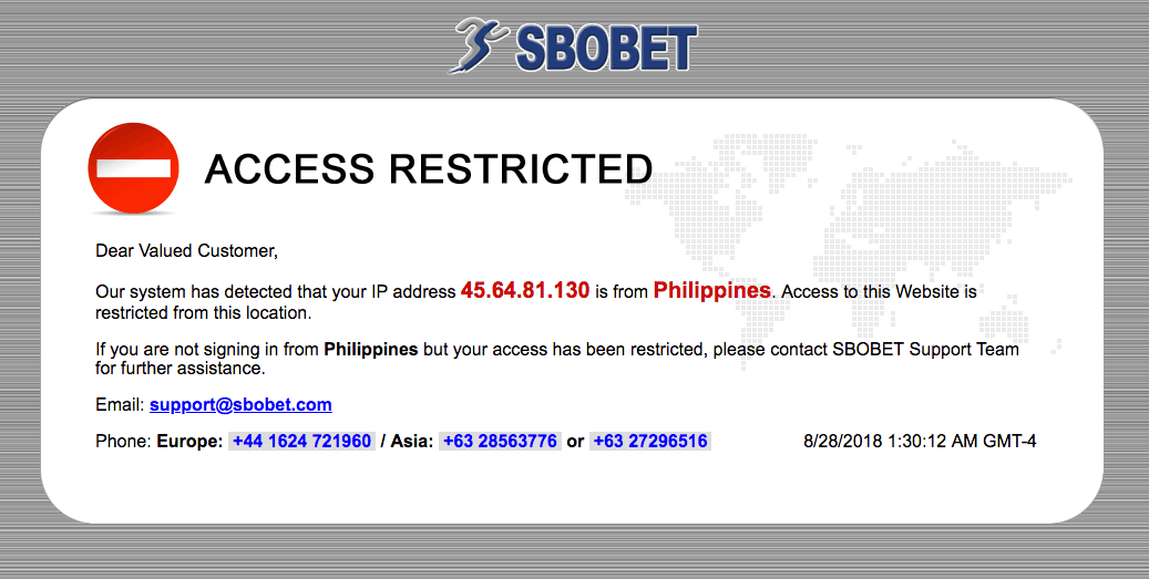 DENIED. Pagcor-regulated offshore gaming sites like SBOBet should not be accessible within the country. Screenshot from SBOBet website       
