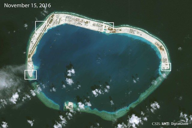 2016 PHOTO. Structures seen in a satellite image of Mischief Reef on November 15, 2016, released December 13, 2016. Image courtesy of CSIS Asia Maritime Transparency Initiative/DigitalGlobe 