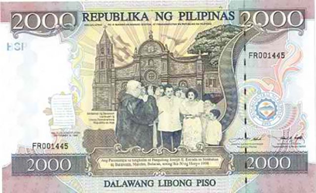 LIMITED. The P2,000 centennial commemorative banknote depicts the oath-taking of former president Joseph Estrada. Image from BSP  