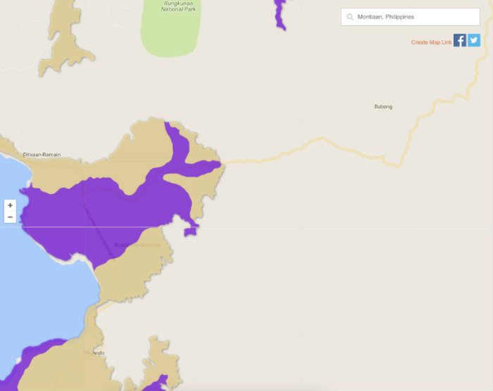 VIOLET. On MGB's hazard map, the towns of Montiaan and Bubong are highlighted in violet. It means the areas are highly susceptible to flooding. Screenshot from agos.rappler.com   