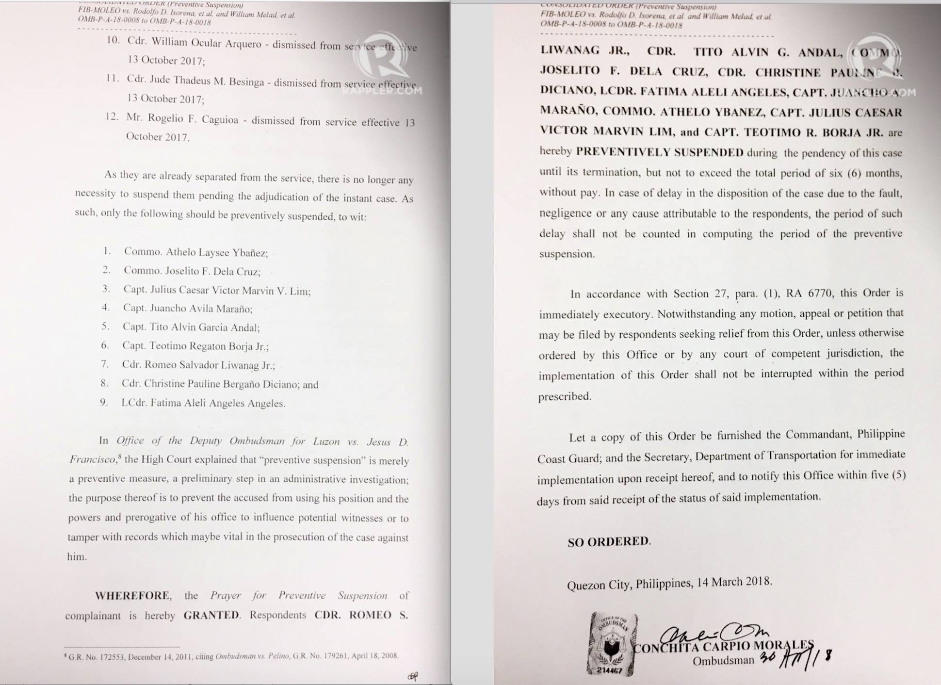 PREVENTIVE SUSPENSION. Ombudsman Conchita Carpio Morales metes out a preventive suspension against 9 Philippine Coast Guard officials. 