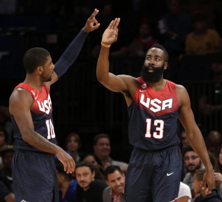 YOUNG GUNS. Guards Kyrie Irving (L) and James Harden (R) celebrate during Team USA's game vs Puerto Rico. Both players made the cut in Team USA's final 12. Photo by Jason Szenes/EPA
