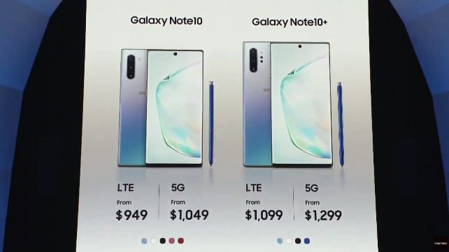 PRICING. Samsung releases its pricing for the Galaxy Note 10 and Note 10 Plus. Screenshot from livestream 