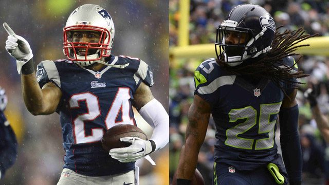 Darrelle Revis (L) has revived his career in New England, while Richard Sherman (R) has taken a step back this past year. Photos by John Cetrino, John G. Mabanglo/EPA