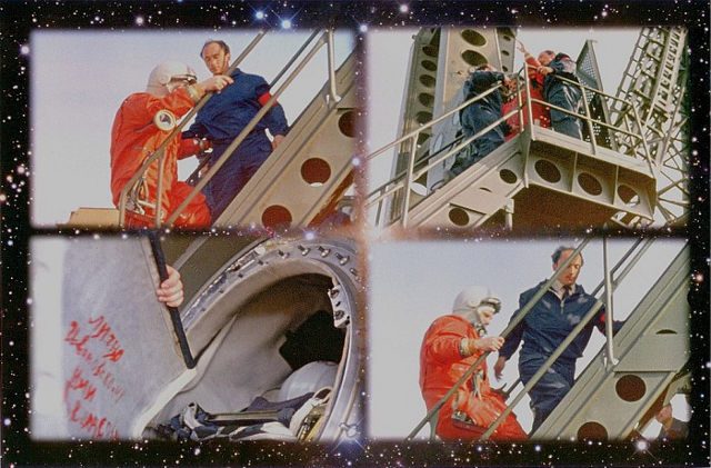 SHAKING HANDS WITH GAGARIN. Oleg Ivanovsky in front of the Vostok with Yuri Gagarin. Image from Roscosmos website.