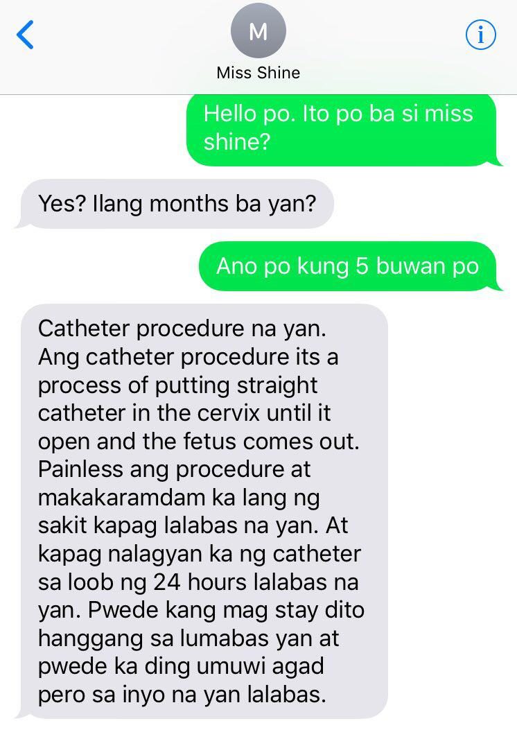 CATHETER PROCEDURE. A text exchange between Miss Shine and a client wherein she describes the catheter procedure. Photo obtained by Rappler 