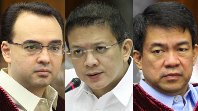 PRESS FREEDOM. Senators Alan Peter Cayetano (L), Chiz Escudero (M), and Koko Pimentel (R) condemn the recent killings of 3 journalists in the provinces. File photos by Rappler   