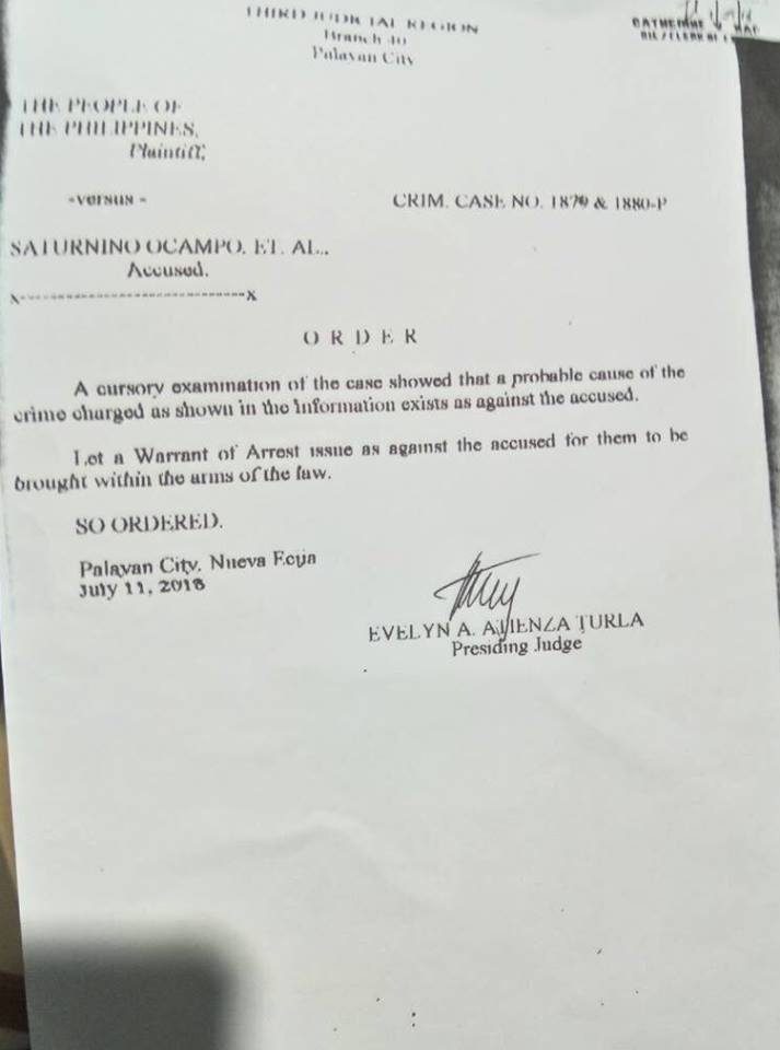 ORDER. Judge Evelyn Atienza-Turla orders the issuance of a warrant of arrest against 4 leftist leaders for murders commited in 2003 and 2004. Sourced photo 