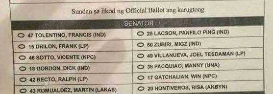 INC'S LIST. A sample ballot obtained by Rappler shows senatorial candidates being endorsed by the church. Photo sourced by Rappler 