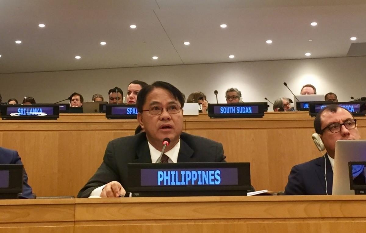 INTERNATIONAL LAW. At the UN headquarters in New York, Calonge pushes for a legally binding instrument that would focus on the use of biodiversity beyond national jurisdiction. Photo from the Permanent Mission of the Philippines to the UN 
