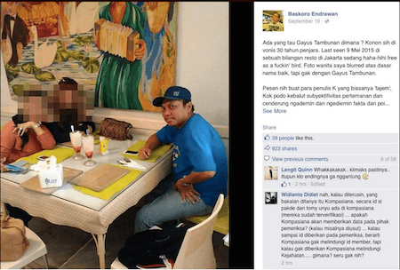 Screen shot foto Gayus Tambunan di restoran yang beredar di media sosial. 
