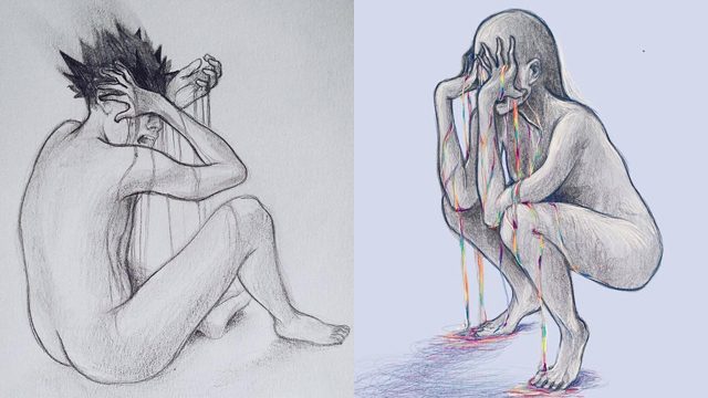 GRIEF. Artist Tokwa Peñaflorida draws two images after the Orlando shooting. Photos courtesy of Tokwa Peñaflorida 