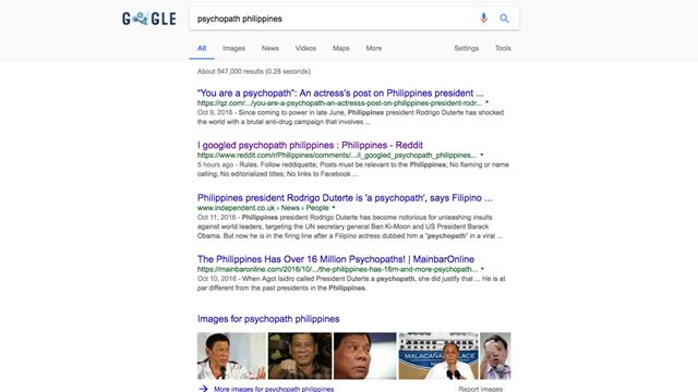 RESULTS. Front page of Google search results for the terms "psychopath Philippines." Screenshot taken 5:50 pm of Monday, May 1. 