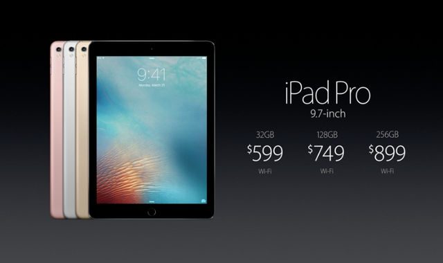 IPAD PRO. Pricing for the iPad Pro. Screen shot from Apple livestream 