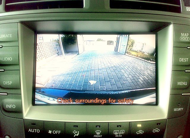 BACKUP CAMERAS. Backup cameras, like this one on the navigation screen of a Lexus IS 250, allow drivers to view objects in their path while reversing. Photo from Wikimedia Commons 