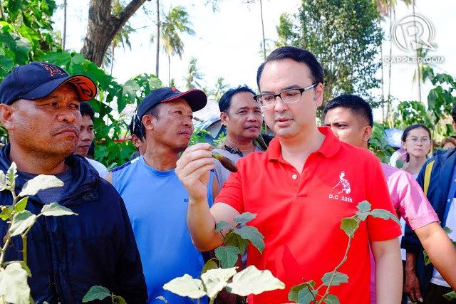 TROUBLE IN THE FARM. Vice-presidential candidate Alan Peter Cayetano holds a stunted-growth eggplant of farmer Rolly Tacud (left-most). Photo by Bobby Lagsa/Rappler 