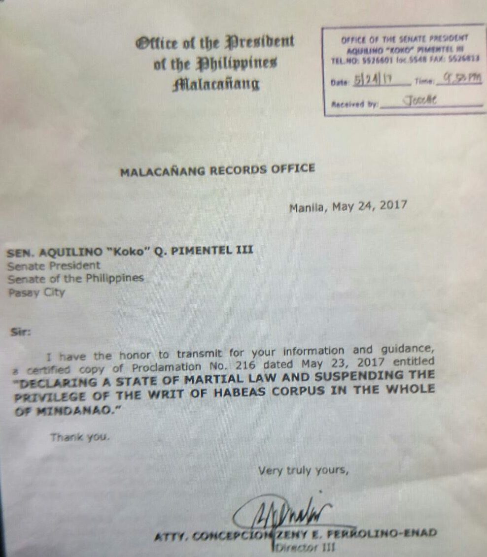 RECEIVED. The Senate President's office received the proclamation of martial law on May 24, 2017 at 9:50 pm. Photo from Senate President Aquilino Pimentel III   