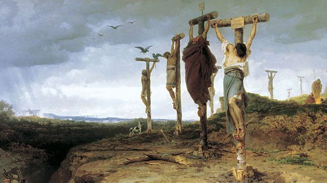 5000 TO 6000 REBEL SLAVES were crucified following the defeat of Spartacus' rebellion in 71 B.C. Painting by Fedor Bronnikov from Wikimedia Commons.