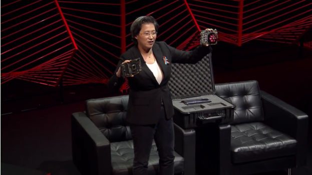 AMD. AMD CEO Lisa Su holds up the RX 470 (left) and RX 460 (right) which were released with the RX 480. Screen shot from livestream 